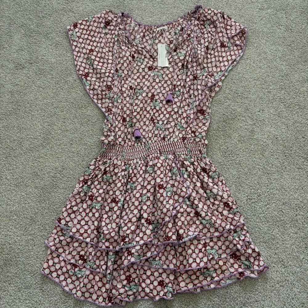 Poupette St Barth Elsa Mini Dress Womens L Pink Tassel Ruffle Tiered Coquette